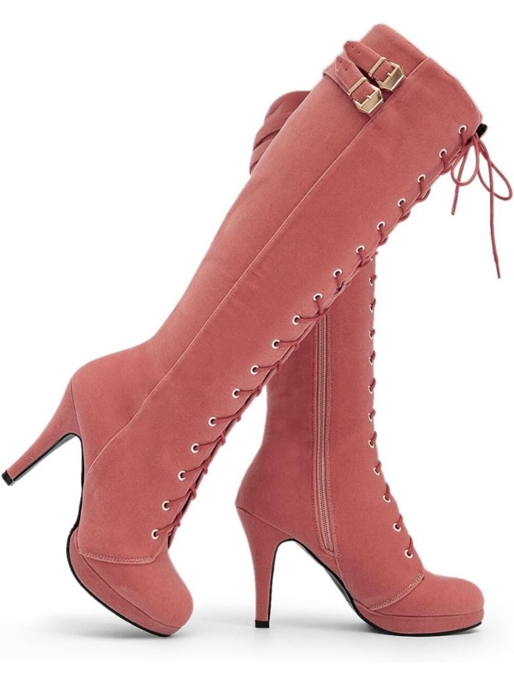 Women's Pink Knee High Boots Suede Buckle Rock Lace Up Zip Thigh High Heel Boot